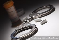 Handcuffs, Medicine Bottle and Pills Under Spot Light 426jN3