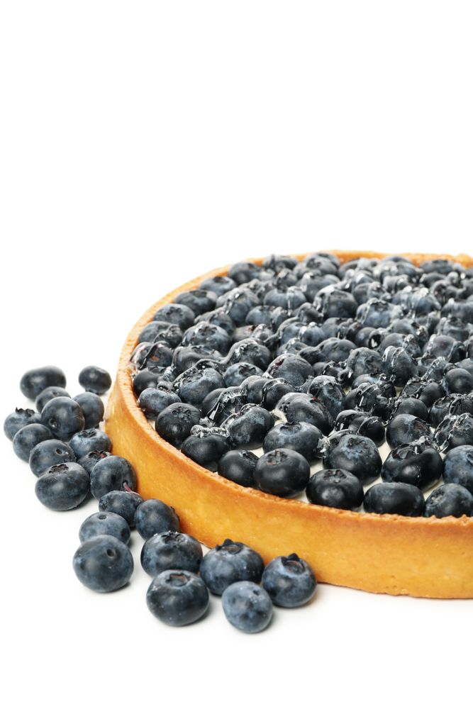 Tasty blueberry pie isolated on light background