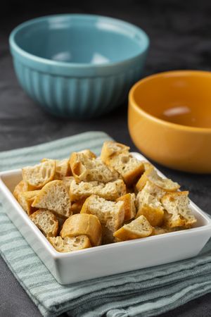 Delicious crunchy croutons on the table.