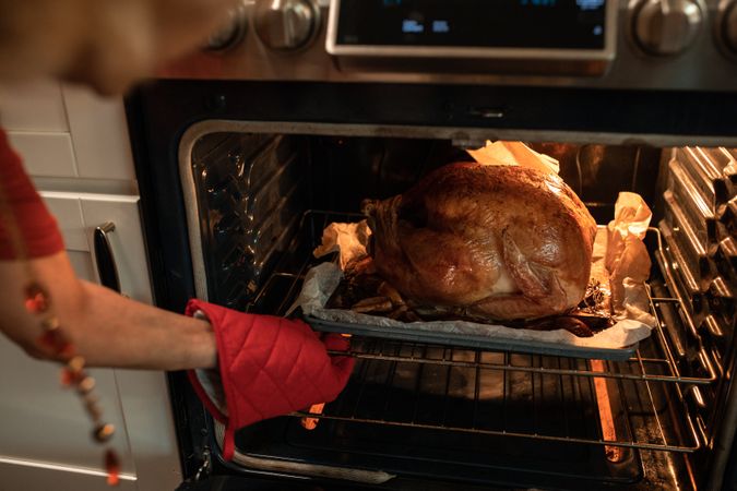 Cropped image of person taking out the turkey from the oven