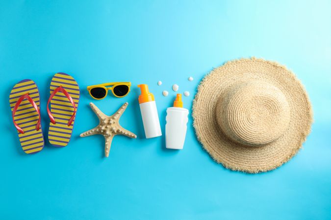 Summer vacation composition on color background. Space for text, top view