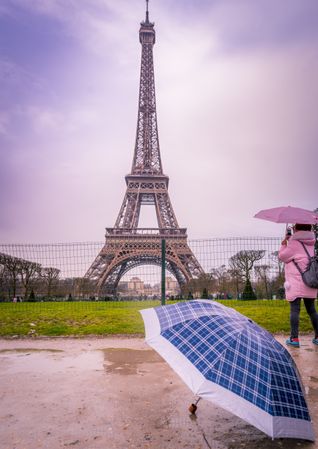 Rainy day in Paris at Eiffel tower
