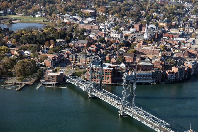 An October 2017 aerial view of the historic seaport of Portsmouth, New Hampshire
