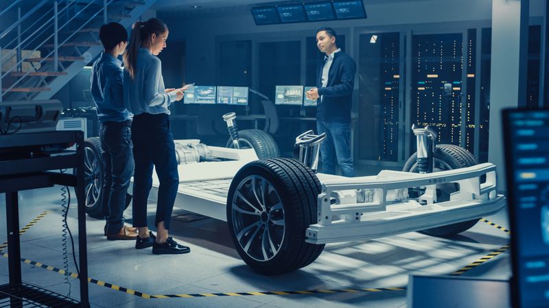 Automotive Design Engineers Talking while Working on Electric Car Chassis Prototype.