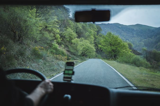 View of inside car empty road in countryside