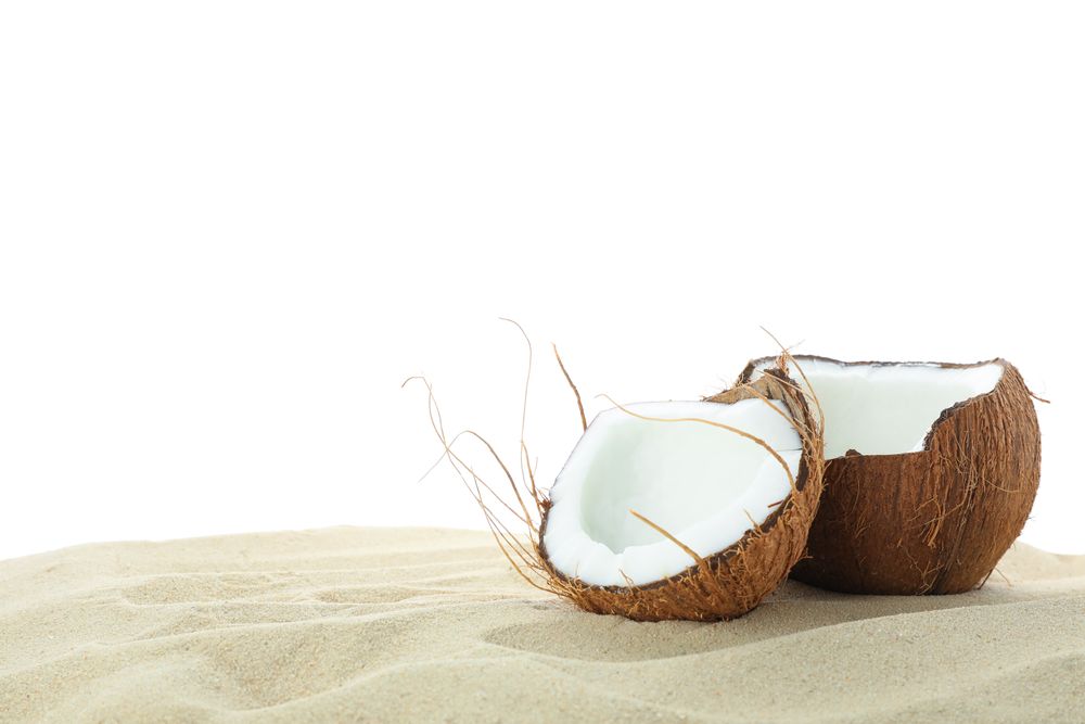 Coconuts on clear sea sand isolated on studio background. Summer vacation