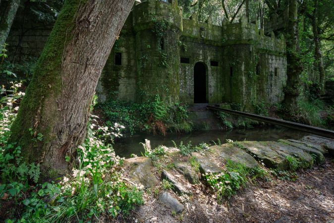 Fantastic castle in the Galician mythological mountains, Aldan, Spain