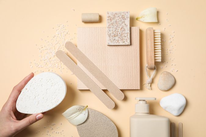 Flat lay of creative moodboard composition, top view