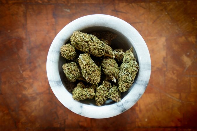 Top view of dried marijuana on counter