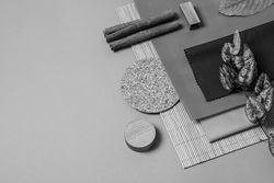 Flat lay of creative moodboard composition, space for text