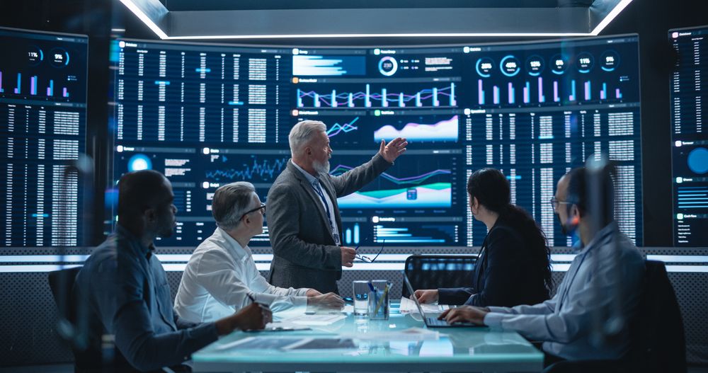 Manager Holding a Financial Results Meeting with a Group of Fintech Investors and Partners.