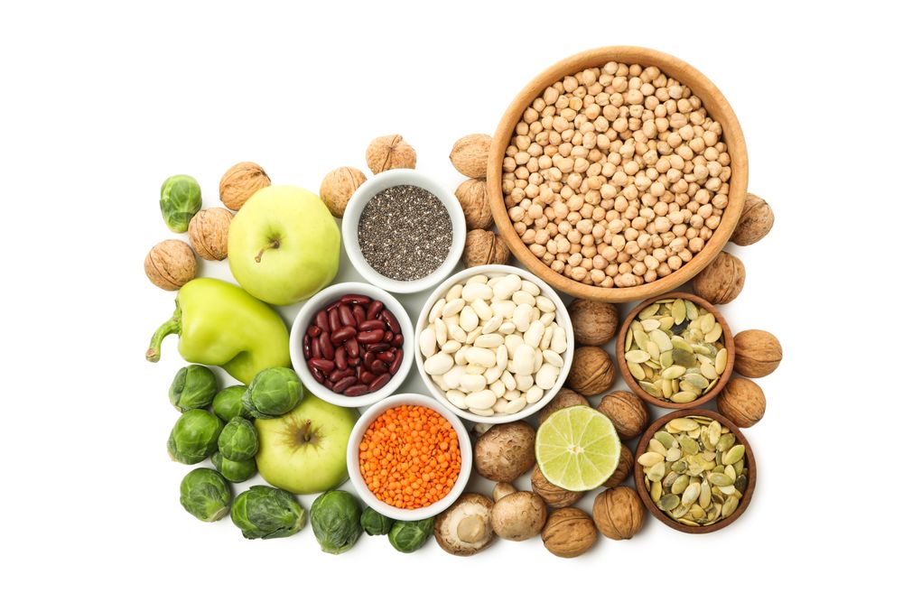 Set of protein vegan products, isolated on  plain background, top view