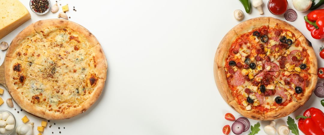 Two tasty pizza and ingredients on plain background