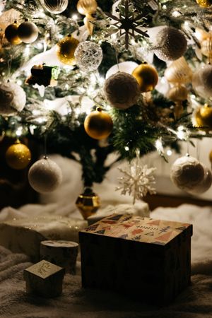 Bright Christmas tree in cozy room