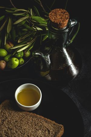 Fresh Spanish extra virgin olive oil with olives