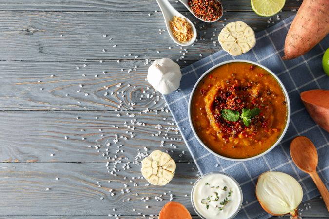 Concept of tasty food, sweet potato puree, space for text
