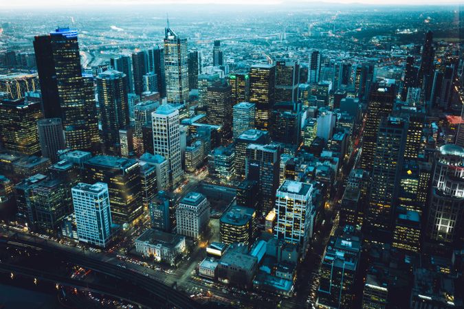 Aerial view of Melbourne, Australia during evening