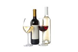 Bottles and glasses with wine isolated on plain background