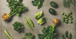 Arrangement of fresh green garden vegetables on concrete surface