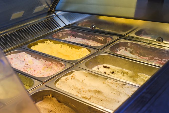 Colorful ice cream presentation in freezer in shop