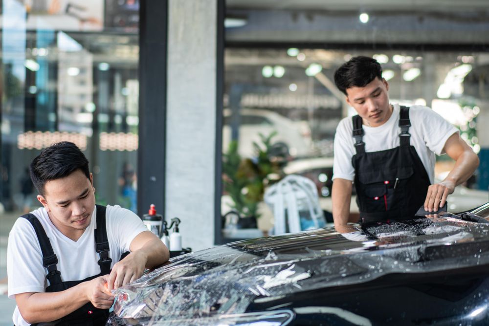Two men applying protective car wrap to front of vehicle