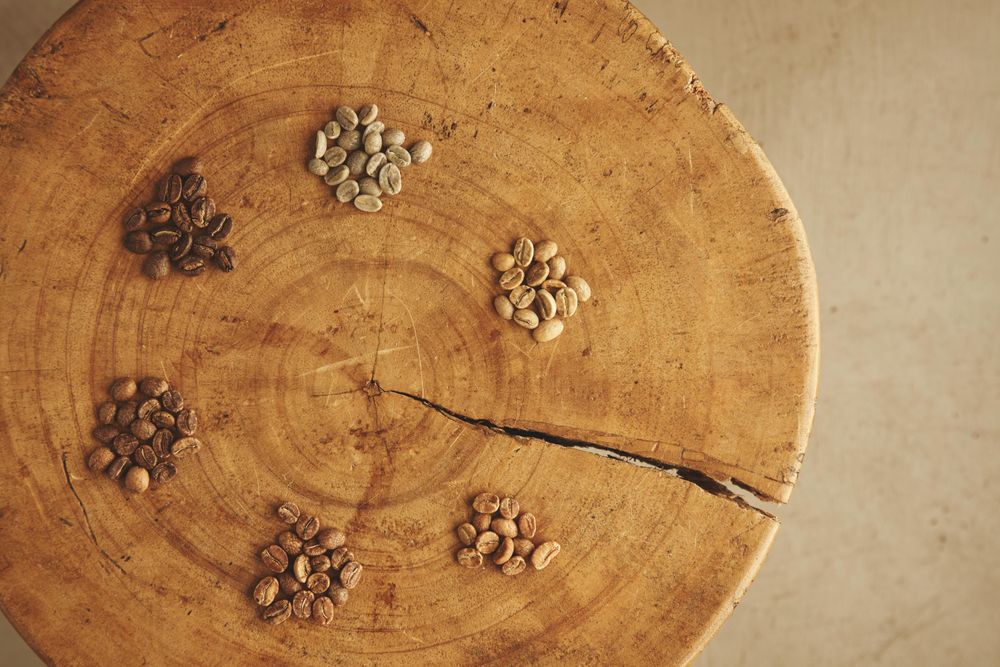 Fresh aromatic coffee beans showing six various stages of roasting
