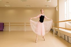 Ballet dancer lifting tutu skirt, standing en pointe