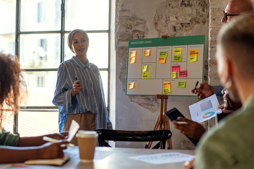 A Middle Eastern female delivering a presentation using a board with sticky notes