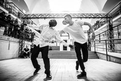 MONTREAL, QUEBEC, CANADA – March 16 2019- Two men dancing in studio
