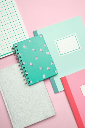 School stationery set on pink background