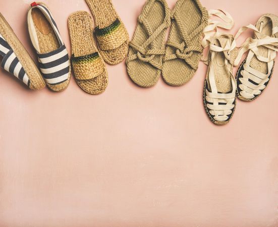 Variety of trendy summer shoes, with copy space