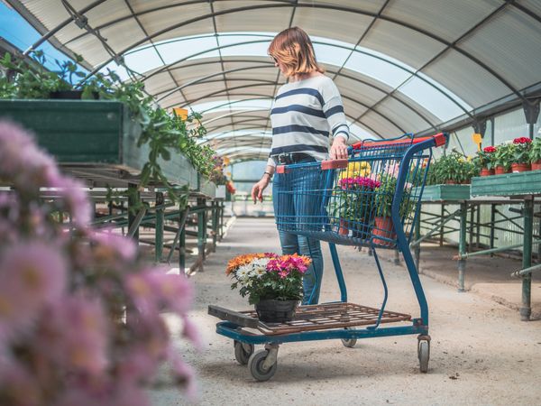 Female customer with cart on flower market