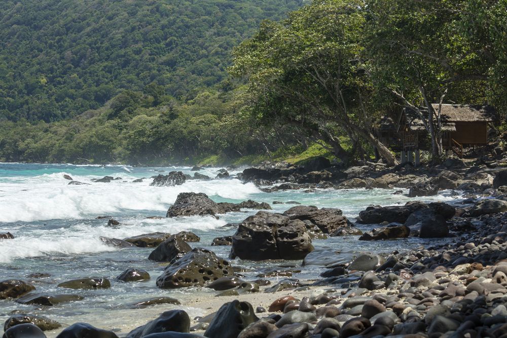 Windy day and strong swell at tropical wild beach overlooking the Indian Ocean