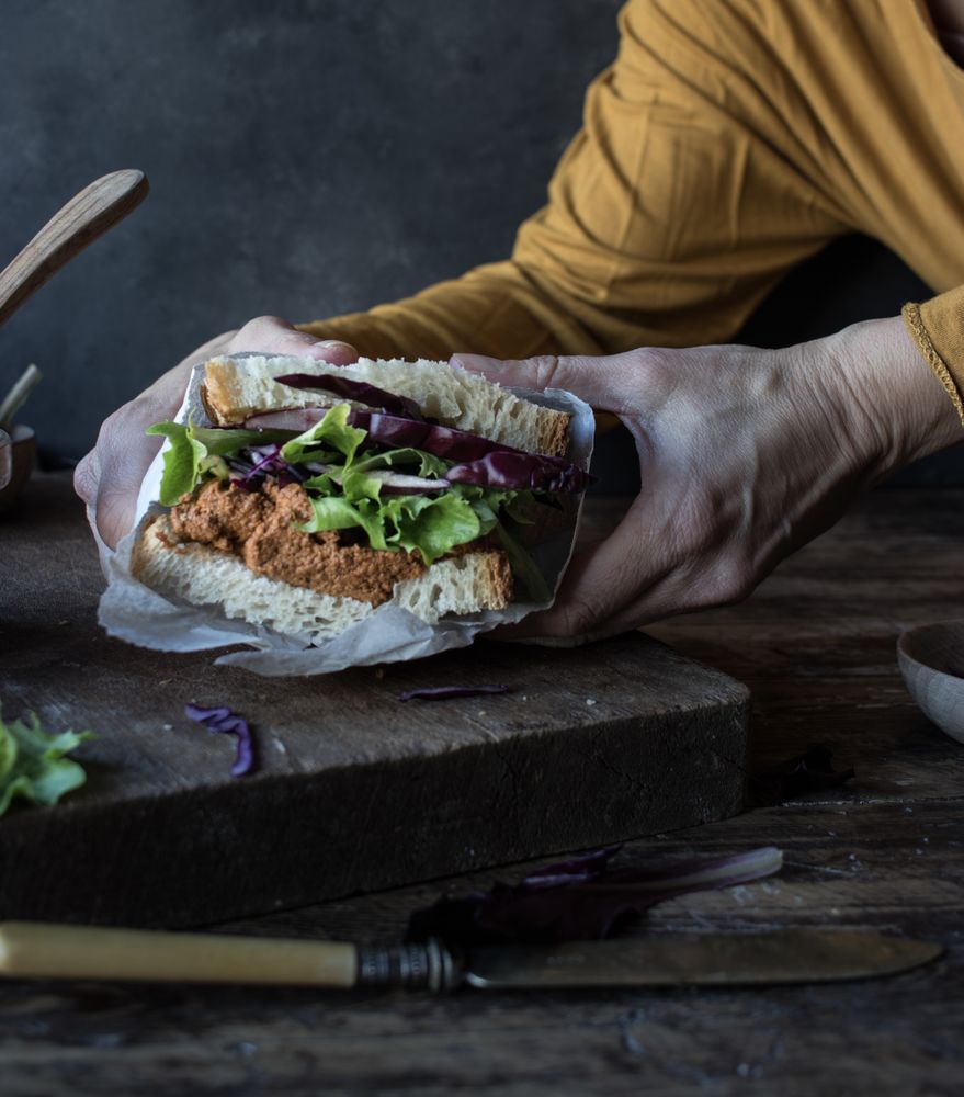 Hands with sandwich with vegetables and pate on tray