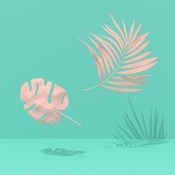 Green background with pink painted palm and monstera leaves