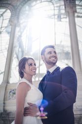 Newly weds having fun near vintage building