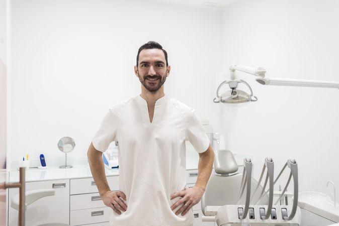 Portrait of a confident male dentist posing in an dentist office