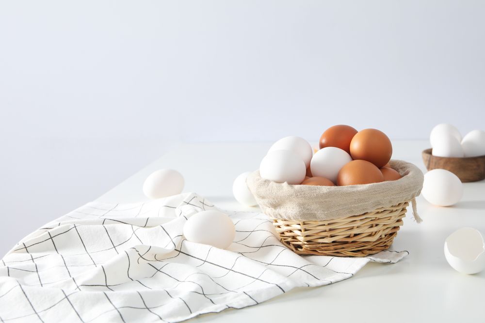 Concept of fresh and natural farm product - eggs, space for text