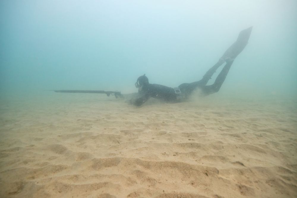 Underwater anonymous fisherman hunting near sandy bottom