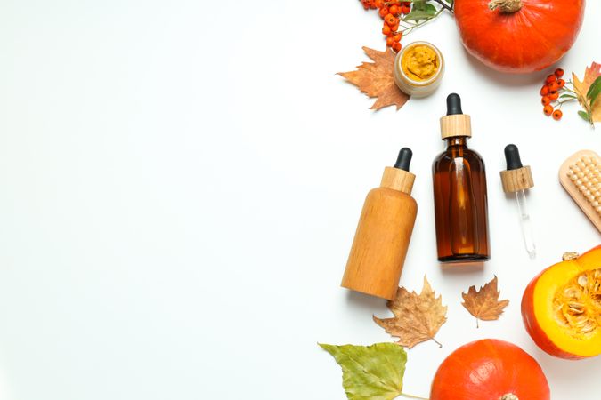 Concept of different cosmetic products, Pumpkin cosmetics, space for text