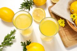 Concept of tasty drink, Limoncello, top view