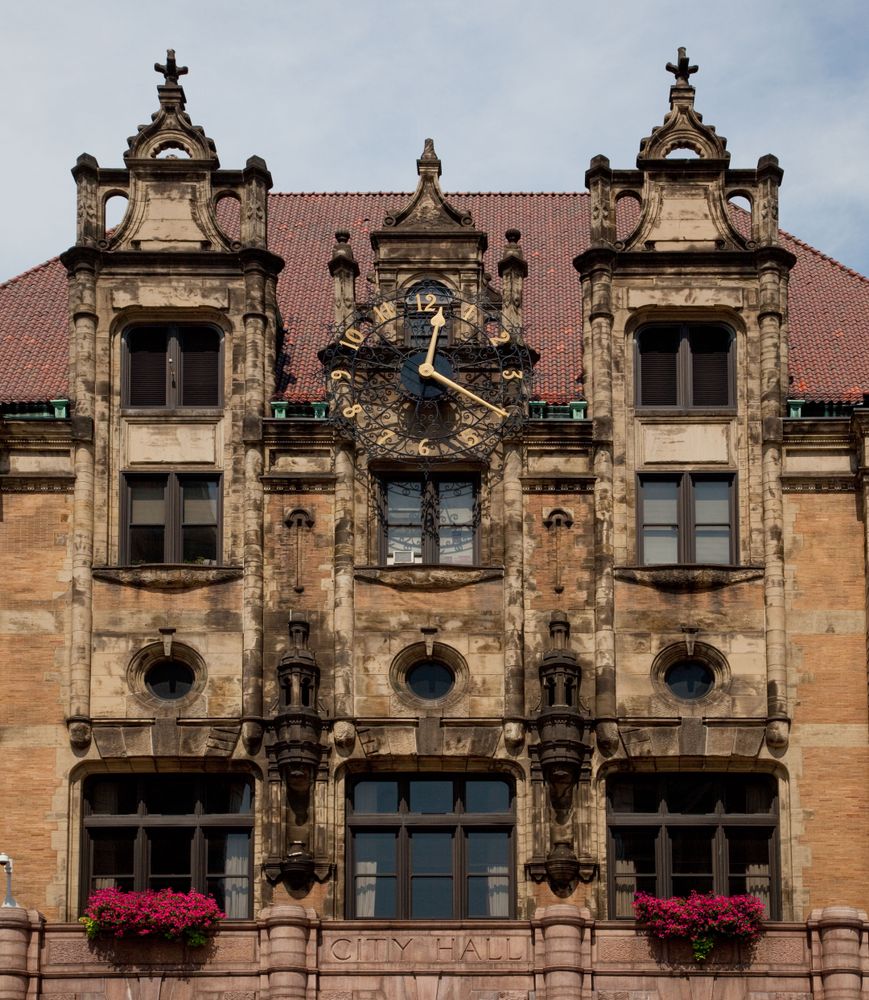 City hall building detail with clock, St. Louis, Missouri