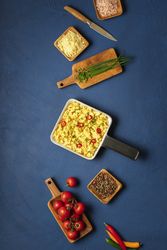 Scrambled eggs and ingredients
