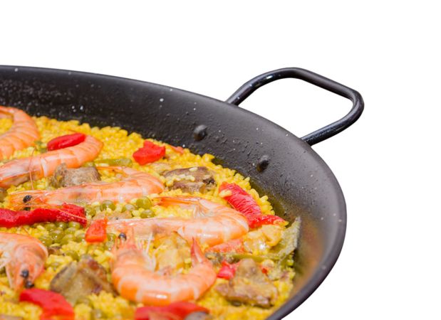 Detail of traditional spanish paella cooked in a pan