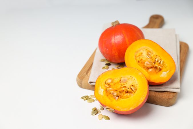 Concept of Autumn vibe food, Pumpkin, Pumpkin seeds, space for text