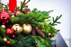 Christmas table center piece with pine and ornaments