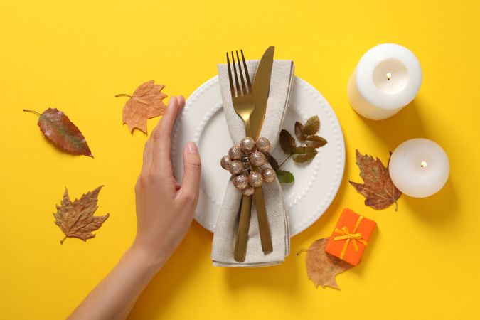 Concept of Thanksgiving day, Autumn table setting, top view