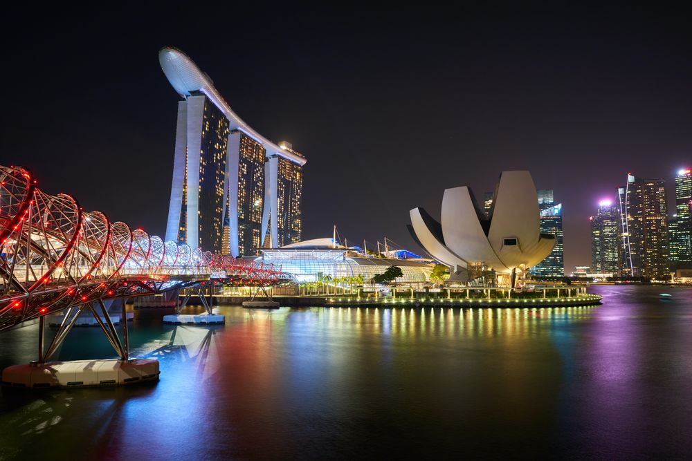 Exterior view of ArtScience Museum in Singapore during night time