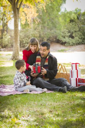 Family Enjoying Christmas Gifts in the Park Together