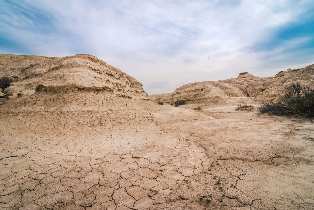 Amazing landscape of desert hills on background of blue sky